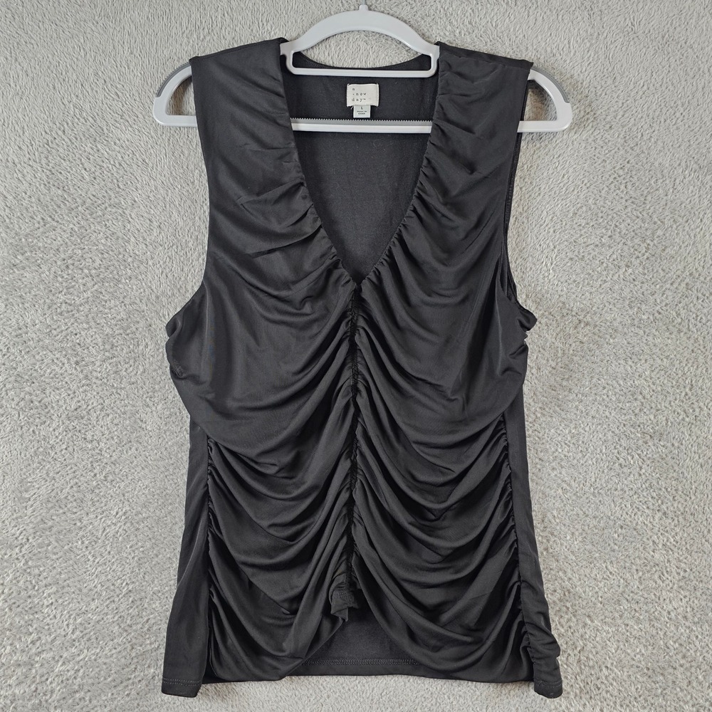 A New Day Womens Ruched Front Sleeveless V-Neck Top Black Large